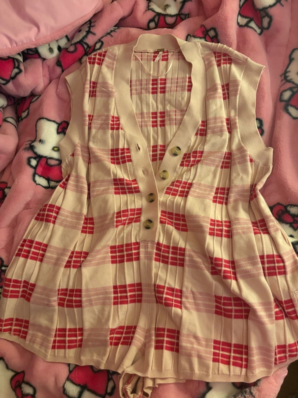 Free People Cream and pink Plaid Ribbed romper